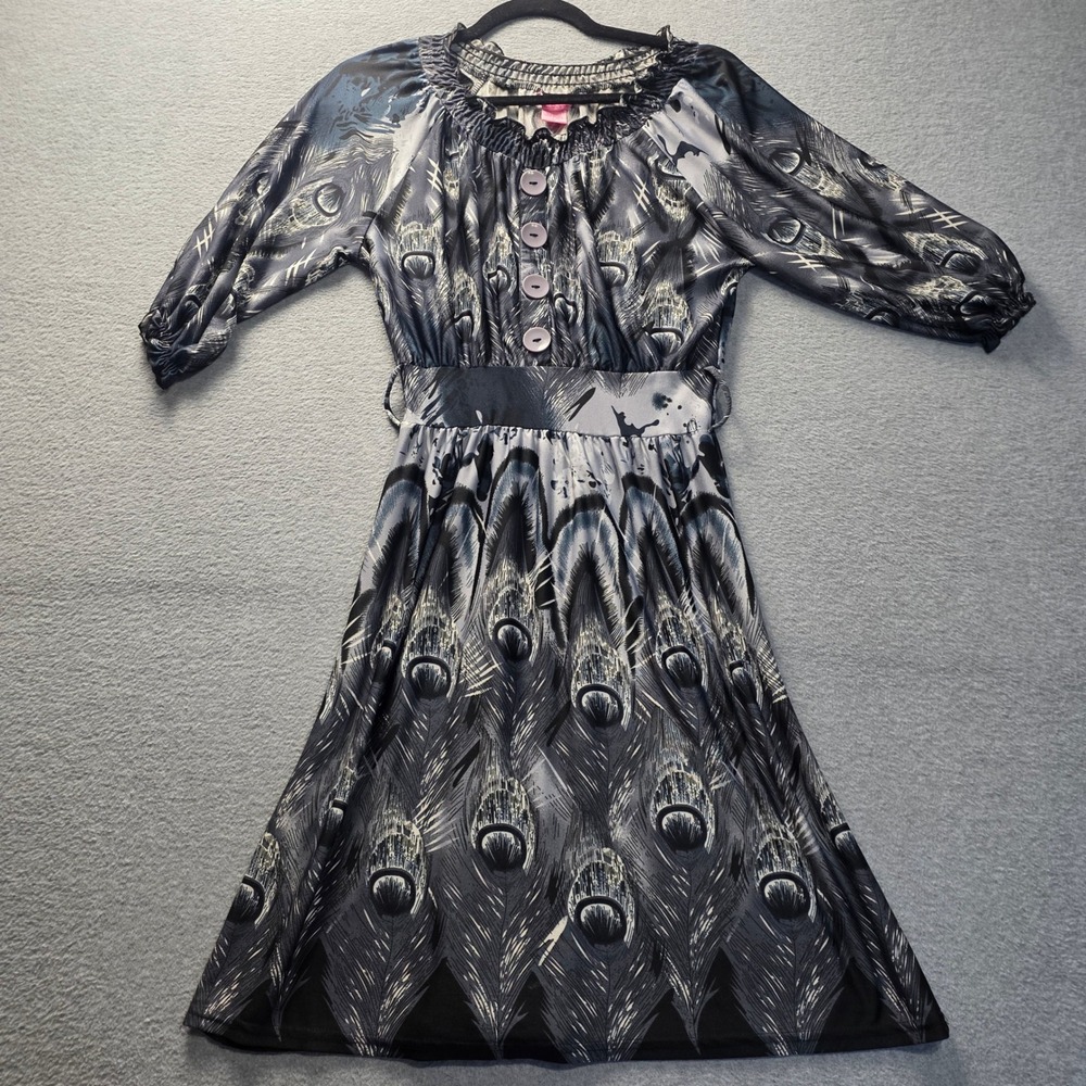 She Scool Midi Dress Womens Medium Peacock Feather Print Black Gray Button Front